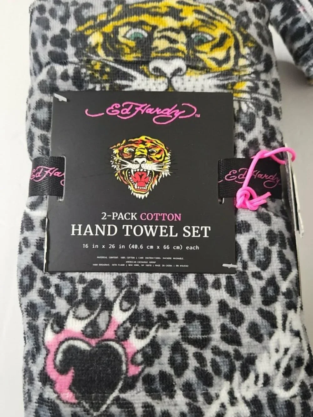 Ed Hardy 3-Piece Towel Set Grey Leopard Tiger Tattoo Print NWT